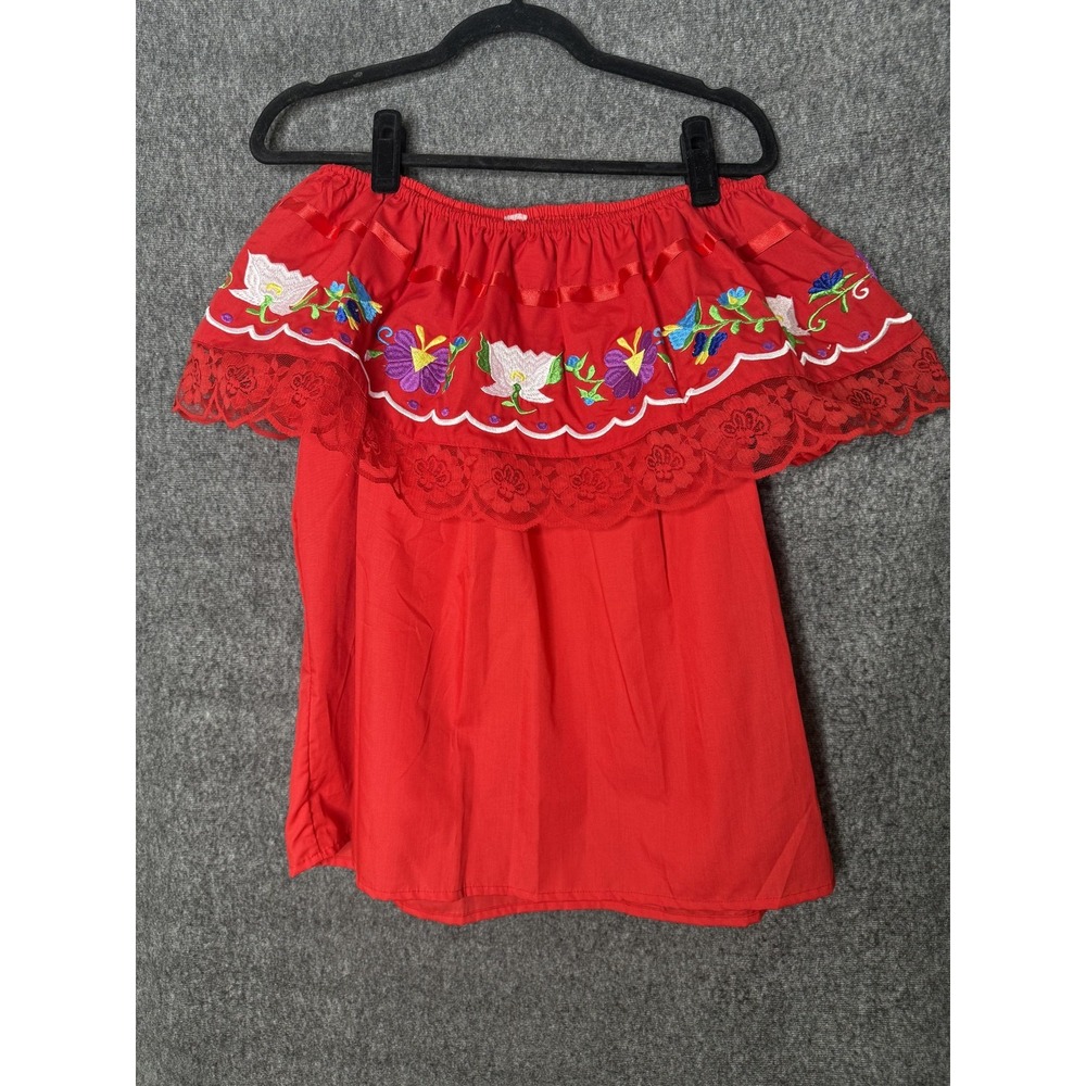 Vtg Embroidered Off Shoulder Blouse Womens Large Red Floral Mexican Boho Fiesta